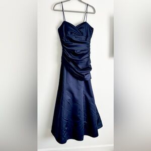 DAVID’S BRIDAL, FLOOR LENGTH GOWN, NAVY BLUE SATIN, SIZE 8, SPAGHETTI STRAPS